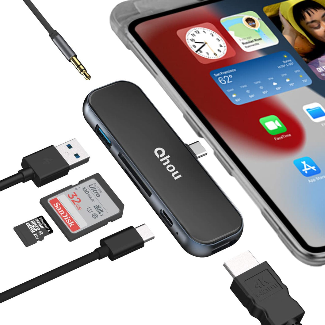 iPad Pro用USB Cハブ、Qhou 6 in 1 USB Cアダプタ for iPad Pro 2021 2020 12.9/11」、iPad Air 5/4ドングル 4K HDMI、USB 3.0ポート、SD/TFカードリーダー、100W PD急速充電、ヘッドフォンジャック